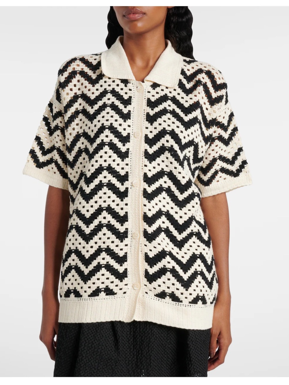 Varley Black and Cream Zigzag Open-Knit Polo Cardigan